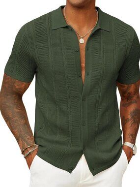 Men’s Army Green Knit Button-Down Polo Summer Beach Casual Top Shirt